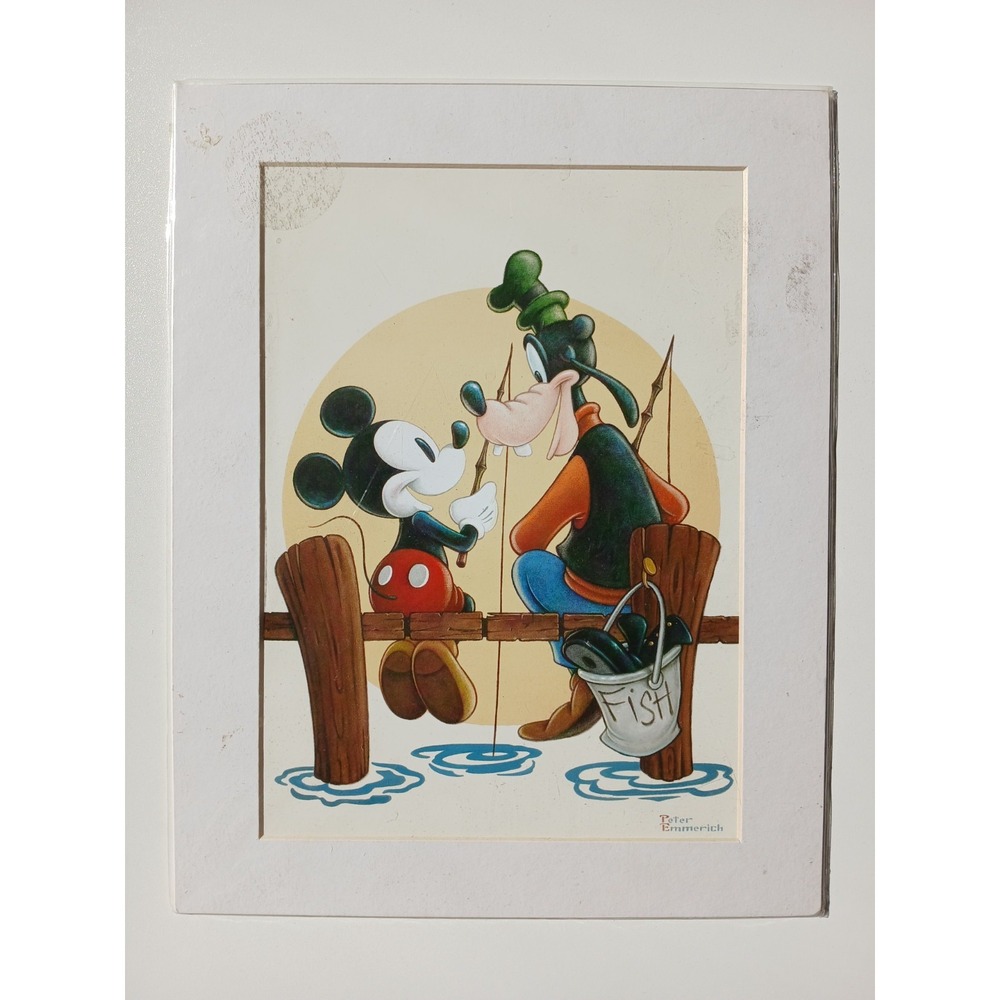 MICKEY MOUSE and GOOFY Fishing Print by PETER EMMERICH in Border READY TO FRAME